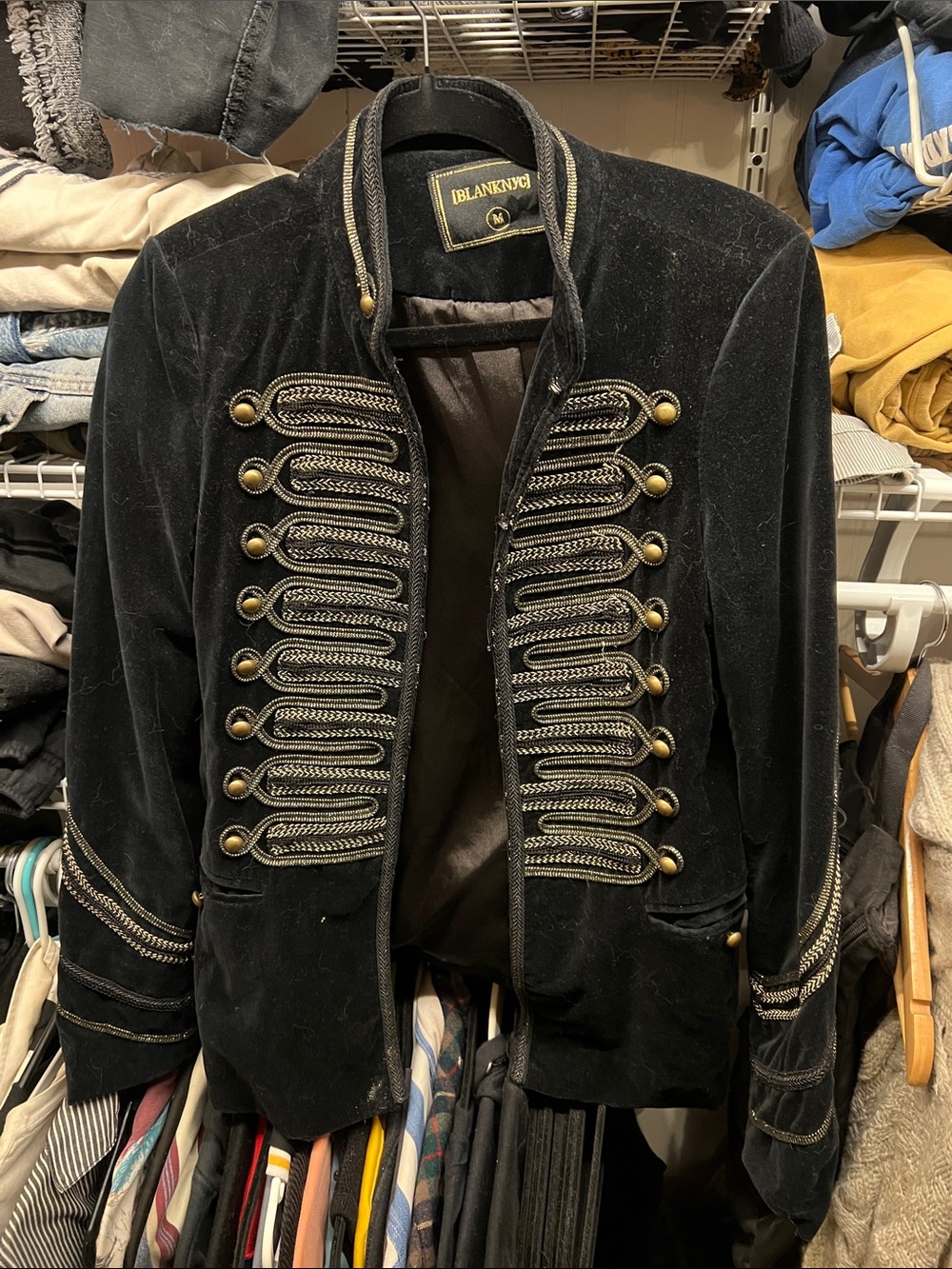 Blank NYC Black Velvet Military Jacket with Gold Braid